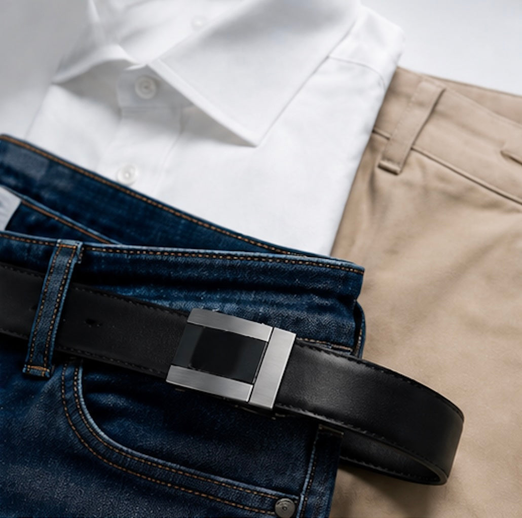 Stack of Harrow automatic leather belts showing four buckle finishes