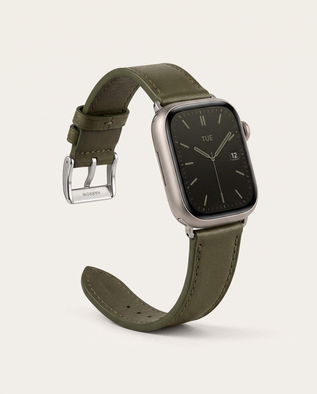 Olive — Harrow Italian leather Apple Watch strap on Natural titanium