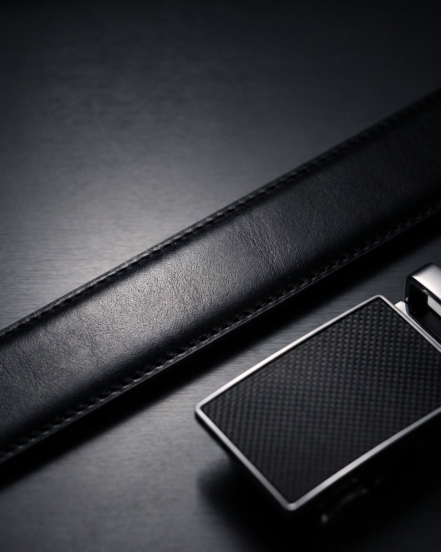 Harrow automatic Italian leather belt, carbon buckle, black strap – full-grain Italian leather close-up