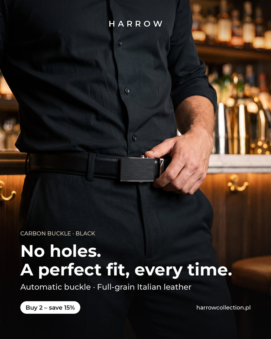 Harrow automatic Italian leather belt, carbon buckle, black strap – worn on a model (EN campaign creative)