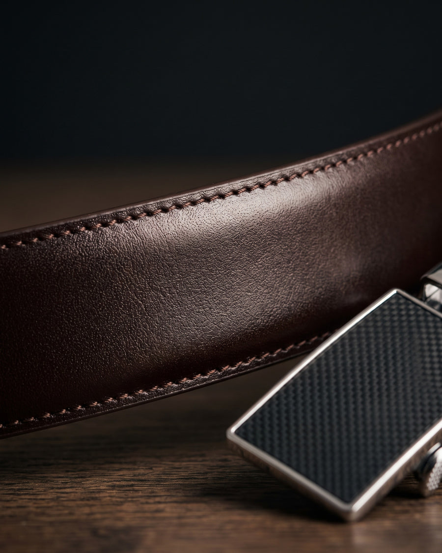 Harrow automatic Italian leather belt, carbon buckle, brown strap – full-grain Italian leather close-up