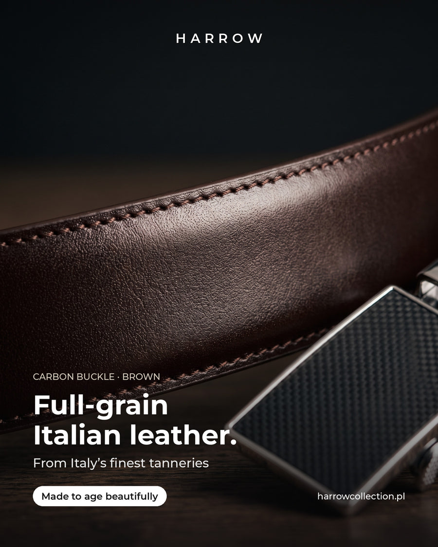 Harrow automatic Italian leather belt, carbon buckle, brown strap – full-grain Italian leather close-up (EN campaign creative)