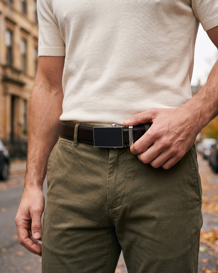Harrow automatic Italian leather belt, carbon buckle, brown strap – worn on a model