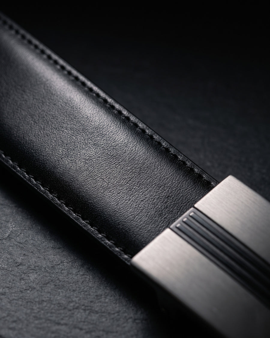 Harrow automatic Italian leather belt, brushed gun metal buckle, black strap – full-grain Italian leather close-up
