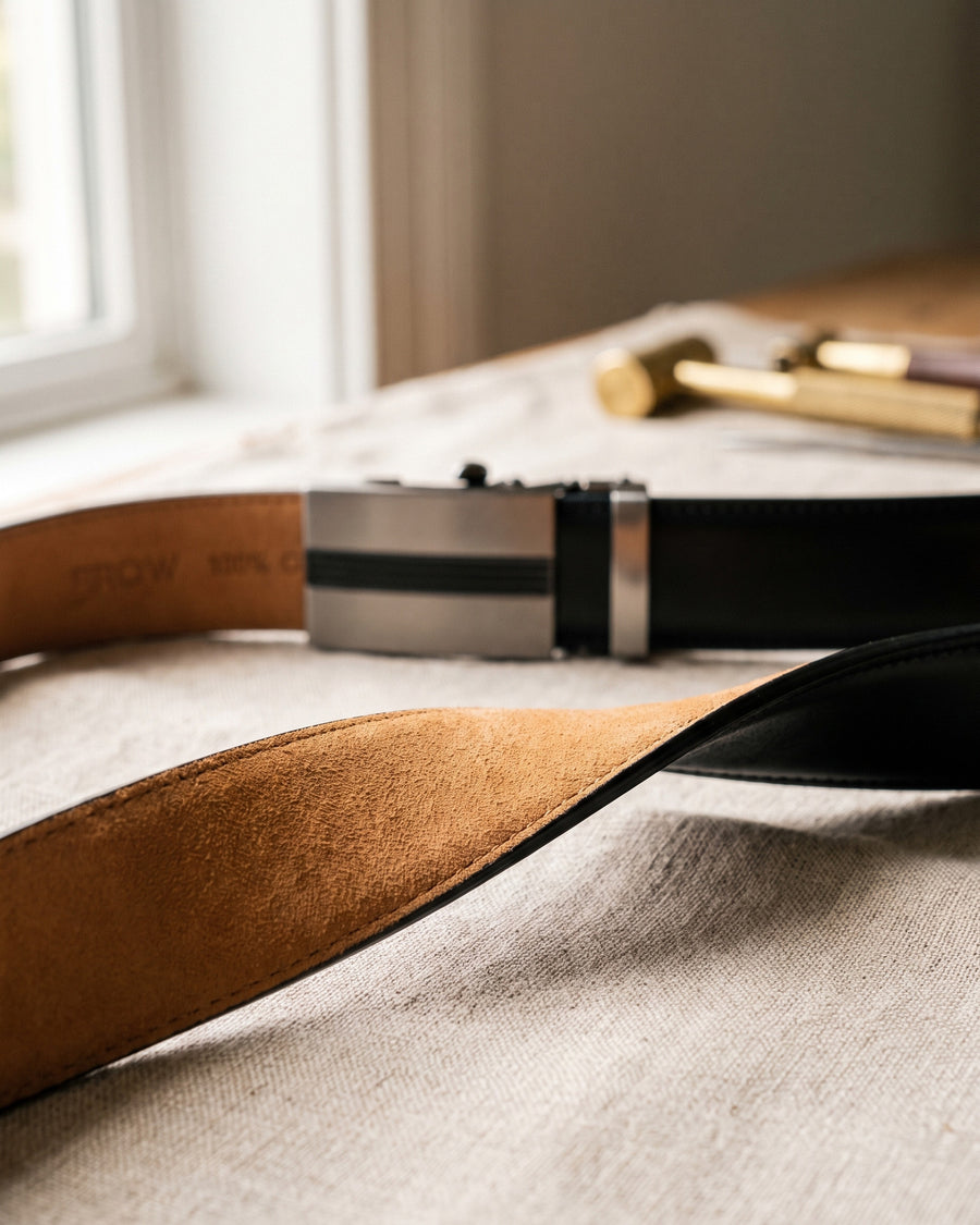 Harrow automatic Italian leather belt, brushed gun metal buckle, black strap – full-grain nubuck lining close-up