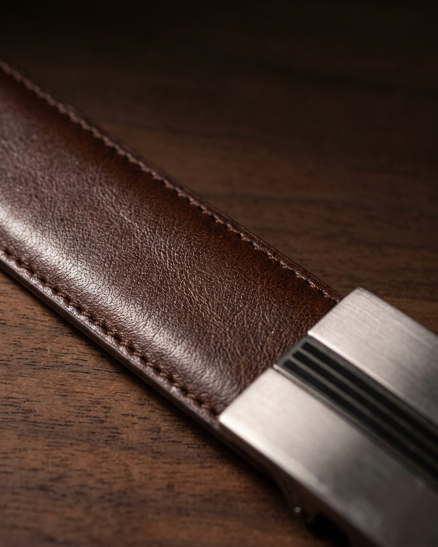 Harrow automatic Italian leather belt, brushed gun metal buckle, brown strap – full-grain Italian leather close-up