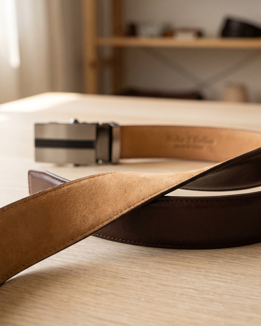 Harrow automatic Italian leather belt, brushed gun metal buckle, brown strap – full-grain nubuck lining close-up
