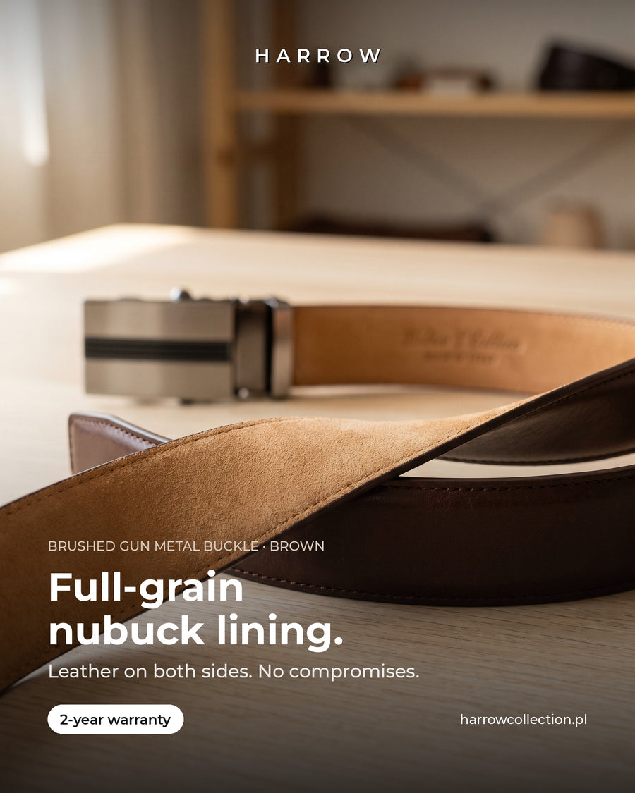 Harrow automatic Italian leather belt, brushed gun metal buckle, brown strap – full-grain nubuck lining close-up (EN campaign creative)
