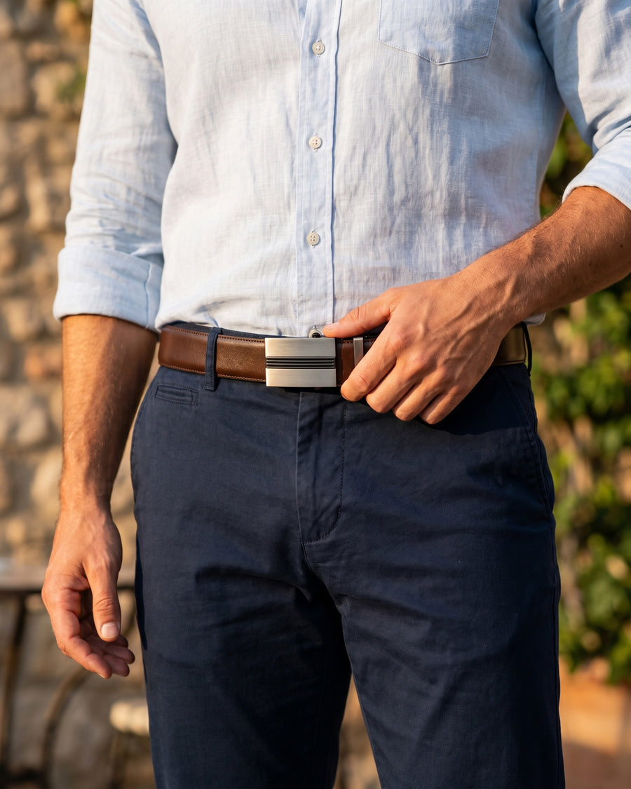 Harrow automatic Italian leather belt, brushed gun metal buckle, brown strap – worn on a model