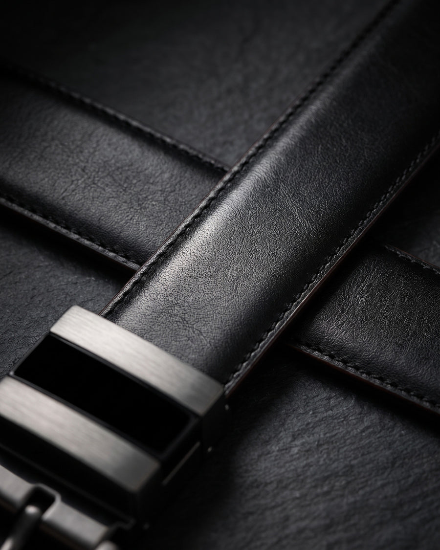 Harrow automatic Italian leather belt, gun metal buckle with black stripe, black strap – full-grain Italian leather close-up