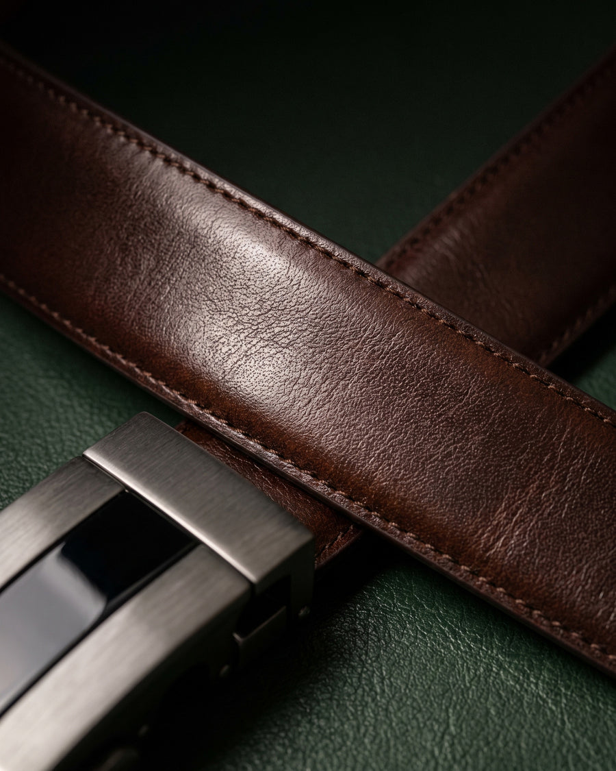 Harrow automatic Italian leather belt, gun metal buckle with black stripe, brown strap – full-grain Italian leather close-up
