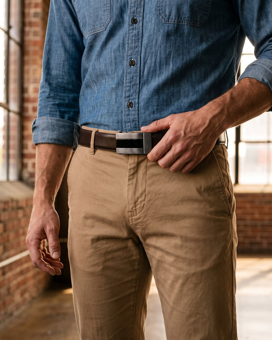 Harrow automatic Italian leather belt, gun metal buckle with black stripe, brown strap – worn on a model