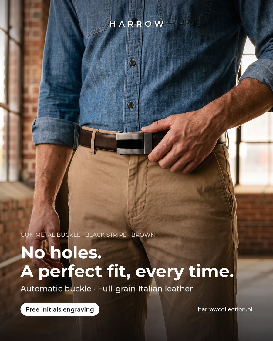 Harrow automatic Italian leather belt, gun metal buckle with black stripe, brown strap – worn on a model (EN campaign creative)