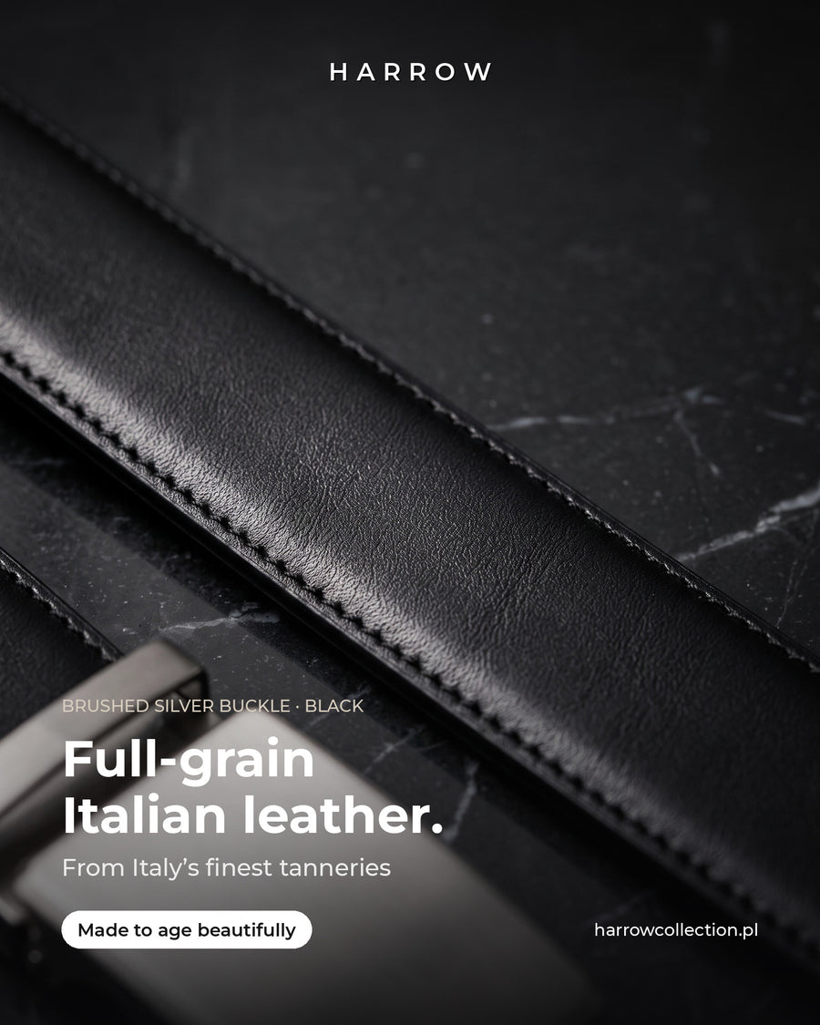 Harrow automatic Italian leather belt, brushed silver buckle, black strap – full-grain Italian leather close-up (EN campaign creative)