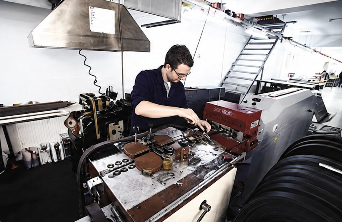 Harrow Collection craftsman finishing a leather belt strap in the workshop