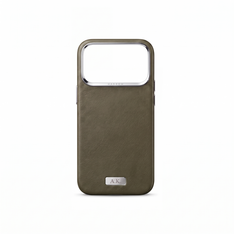 Harrow iPhone 18 Pro Case – Italian Nappa Leather, Monogram — Olive